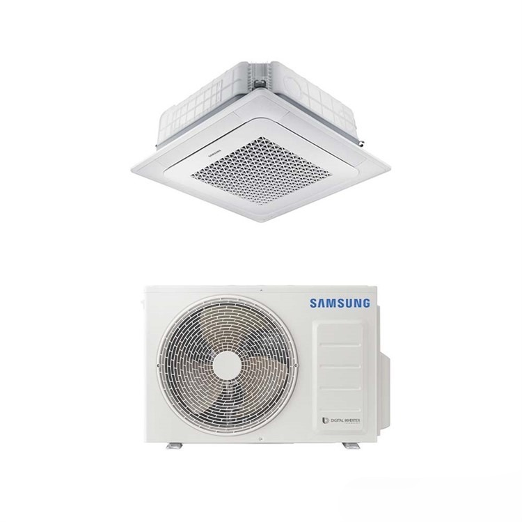 Samsung Mennyezeti 4 utas kazettás Wind-Free (AC100RN4DKG/EU+AC100RXADKG/EU)+választható dekorpanellel+vezetékes fali szabályzó 9,6 – 10,9 kW-os oldalfali inverteres klíma + kültéri egység – 1 fázisú